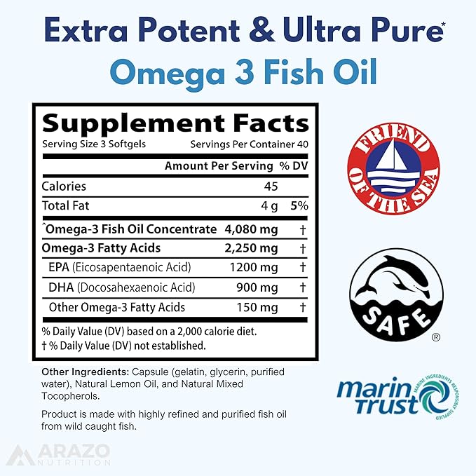 Omega 3 Fish Oil – 120 Soft Gels – 4,080mg High EPA 1200mg DHA 900mg Lemon Flavor Burpless Softgels