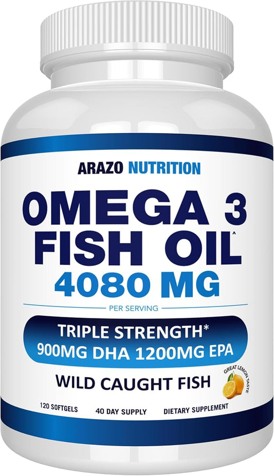 Omega 3 Fish Oil – 120 Soft Gels – 4,080mg High EPA 1200mg DHA 900mg Lemon Flavor Burpless Softgels